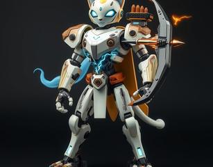 A Robot That Has Elements Of A Ghost Cat, An Electric Man, And An Archer Buffalo.