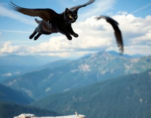 Black Bombay Cat Flying In The  Mountain Sky