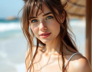 Beautifull Girl With Brown Hair At The Beach