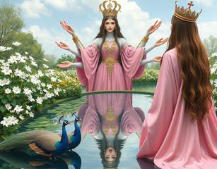 Woman With Eight Arms Wearing A Pink Robe, A Crown And Long Hair Looking At Her Reflection In The Water In A Beautiful Garden With White Flowers And Peacocks