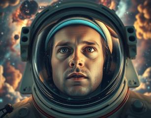 A Hyper Realistic Cinematic Quality Photograph Of A Face Of A Male Astronaut With Caucasion Features Going Through A  Wormhole Opening In The Andromeda Galaxy's Satellite Galaxy, M31'S Satellite, A New World Is Open For Discovery,  Fantastic Colors And Gaseous Clouds In The Background