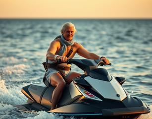 A Cinematic Action Shot Of George Washington In Modern Day Beach Attire, On A Jet Ski