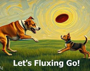 Style Of Van Gogh.  A Large Dog Playing Frisbee With A Puppy As If They Were Humans Throwing The Disc To Each Other.  The Frisbee Is More Flat Along The Plane Of The Earth And With The Horizon.   One Caption Reads "Lets Fluxing Go!"