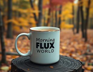 Steaming Mug Of Coffee With Good Morning Flux World On The Mug Sitting On A Stump In A Forest During Fall With The Leaves Changing Color