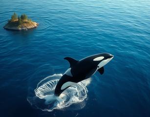 Orca Jumping On The Ocean, Photo Realistic, Blue Ocean, Detailed Body Of Orca, There Is Island On The Edge With Trees