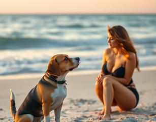 A Beautiful Beagle Looking At Its Gorgeous Sexy Owner On The Beach