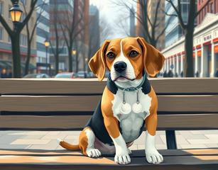 A Cute Beagle Waiting In The Park Bench In The Middle Of The City, In Painted Look