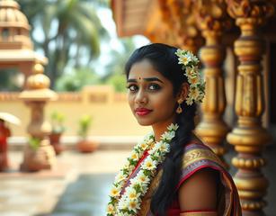 A South Indian Tamil Girl, Waiting In A Temple Wearing Jasmine Flowers