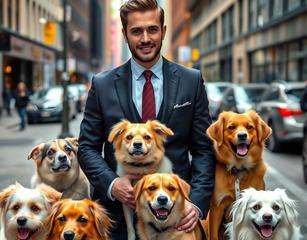 A Handsome Man Dressed In Suit Surrounded By Cute Dogs Of Different Breeds On The Busy Sidewalk Of Newyork