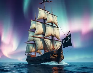 Aurora Over An 17th Century Frigate Named Flux, Full Sails, Pirate Flag Spelling Flux  Photo Realistic