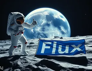 Astronaut With Thumbs Up Planting A Blue Flag Spelling 'Flux' In White On The Moon, Earth In The Background