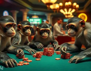 A Table With Funny Capuchins Playing Poker With Lots Of Chips, In Vegas, Photorealistic