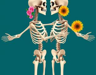 This Image Is A Digital Illustration Featuring Two Human Skeletons Standing Face-To-Face With Their Arms Outstretched, Embracing Each Other. The Skeletons Are Intricately Detailed, With Visible Ribs, Vertebrae, And Skull Structures. Each Skeleton Is Adorned With Vibrant Flowers: One With Pink Roses And The Other With Yellow Sunflowers. The Background Is A Deep Teal Color,