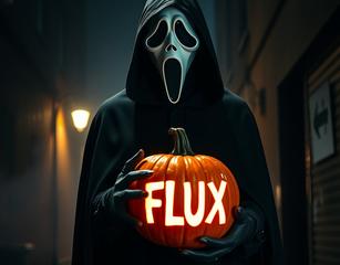 Hyper Realistic, Ultra High Quality, Horror Movie Style, A Photo Of A Man In A Black Cape With Hood Wearing A White Mask From The Movie Scream, Holding A Pumpkin With The Word "Flux" On It In His Hands, In A Narrow Street, Light From A Few Street Lamps, Dark Mood, Misty Background At Night, Little Light