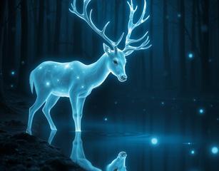 An Ethereal White Stag Standing By A Serene Forest Pond At Night. Its Glowing, Translucent Fur And Crystalline Antlers Emit A Soft Blue Light. The Stag Bends To Drink From The Pond, Its Reflection Shimmering In The Water. The Dark Trees And Floating Glowing Particles Create A Mystical, Tranquil Atmosphere, As If Capturing A Magical Creature In An Enchanted Forest.