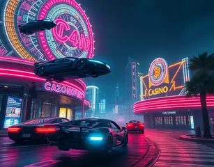 Techno Cypherpunk Outside Of A Casino In 3030 With Flying Cars In The Air