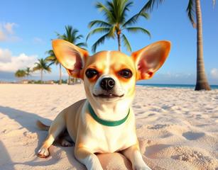 Chihuahua Chilling On The Beach With Palm Trees