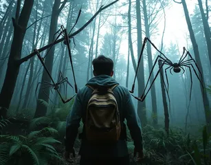 A Person Going Into The Forest With Creepy Spiders