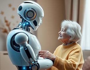 Show Me A Hyperrealistic Image Of A Humanoid Robot Helping An Elderly Person By Showing Them A Video Of Their Loved One In A Hologram