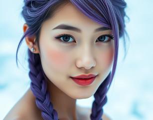 The Image Portrays A Close-Up Of A Young Asian Chinese Woman With A Striking Appearance, Set Against An Icy Blue Background. She Has Purple Hair Styled In Braids And Is Looking Directly At The Camera With Comforting Gaze. Her Makeup Is Soft, With Bold Eyeshadow And Defined Eyebrows, Giving Her A Fantastical And Almost Ethereal Look.