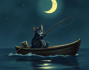 Puss In Boots Fishing In A Boat At Night With A Half Moon