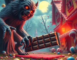 Terrifying And Nightmarish Werewolf Chasing For A Running Chocolate Bar In A Surreal And Colorful Candyland