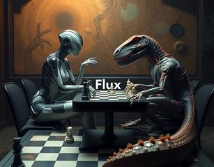 A Futuristic Looking Hybrid Of Beautiful Woman And  Techno-Organic Being Is Playing Chess With A Hybrid Of Human And Dinosaur. They Are Sitting On A Table That Is Located In Thought Inspiring And Weird Environment. Somewhere In The Chessboard Is Seen Text ”Flux”