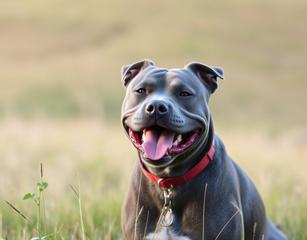 Just Lost My 14 Year Old Bestfriend And I'M Really Grieving. Can You Create Me A Picture Of A Blue Staffordshire Bull Terrier Smiling On A Hill In A Grass Field.