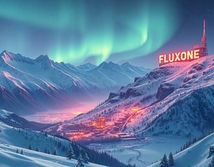 Stunning Snowy, Surreal Mountains With A Futuristic "Fluxone" City In The Valley Below. The Mountains Shimmer Under The Aurora Borealis, Blending Nature's Beauty With The City's Neon Brilliance. A Massive "Fluxone" Sign, Like The Hollywood Sign, Stands Illuminated On The Mountain, Completing The Magical Cyberpunk, Sci-Fi Winter Scene.