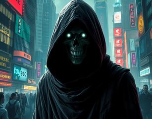 A Hooded, Skeletal Figure Emerges From The Shadows Of A Dystopian, Neon-Lit City, Blending Into The Bustling Crowd. Enveloped In A Tattered Cape, Only Its Haunting Face Is Visible, With Glowing Eyes Piercing The Darkness—A Chilling Fusion Of Human And Machine. Towering Skyscrapers Loom Overhead, And Flying Vehicles Zip Through The Sky, While The Thrumming Energy