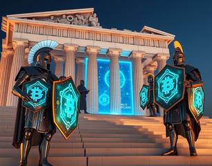 An Image Of Ancient Greek Warriors In Full Armor, Standing On The Steps Of The Parthenon, Holding Futuristic Shields Embedded With Glowing Blockchain Symbols. In The Background, Ai-Powered Robots Assist Philosophers In Discussions, While Holographic Screens Display Blockchain Networks. The Marble Statues And Pillars Are Etched With Futuristic, Glowing Circuit Pattern.