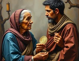 Create A Paint Of Old Poor Women Looking To The Young Guy Who Has Lots Of Crypto Currency And Money. The Old Women Should Think Like Wish I Was From This New Generation. Make The Young Guy Holding Crypto And Trying To Help Old Women. Need Some Historical Background As Well.