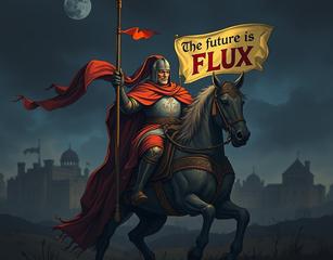 A Medieval Night On Horseback Holding A Staff With A Banner Reading “The Future Is Flux”