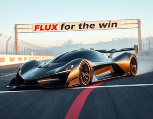 A Futuristic Race Car, Crossing A Finish Line With A Caption Above Saying” Flux For The Win”