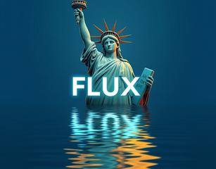 An Beautiful Robotic Style Statue Of Liberty With The Text Flux Written In The Water