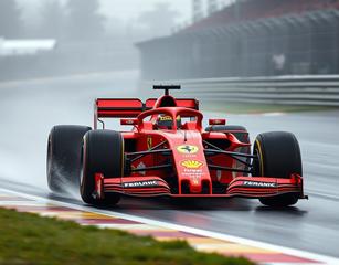 A Ferrari F1 Car Running At Full Speed On A Wet Track Race
