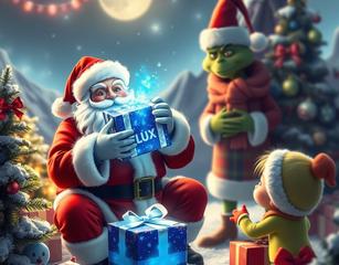 Create Beautiful Magic Christmas Landscape With Happy Santa Claus Who Is Giving $Flux Cryptocurrency Blue Magic Gifts To Children And On The Gifts Is Writing $Flux. In The Background Is Grinch Who’S Trying To Steal It From Children. Real