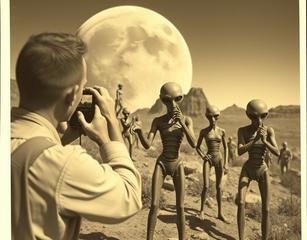 Old Photo Of In The Lost World On Earth, Showing Humans With Aliens Taking Photos