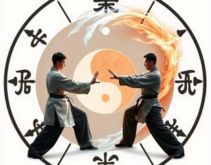 Tai Chi Artists Engaged In Push-Hands.  They Stand In The Center Of A Yin-Yang.  The Yin-Yang Is Inside Of I-Ching Hexagrams.  The Four Elements Of Fire, Earth, Air, And Water Are Equally Represented In Both Tension And Harmony.  Energy Is Swirling Around The Martial Artists.