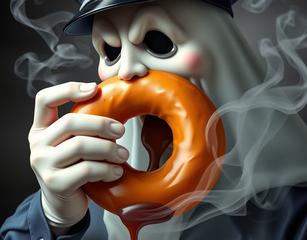 A Ghost Policeman Takes A Bite From A Smoke-Ring Donut That He Just Dipped Into Coffee.