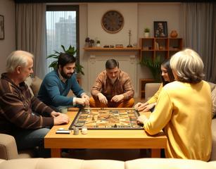 Create A Picture Of A Group Of People Playing A Board Game In A Living Room