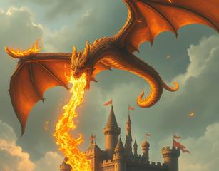 A Fire-Breathing Dragon Soared In The Sky And Breathed Fire To Attack The Castle On The Ground. People In The Castle Fled In Large Numbers.