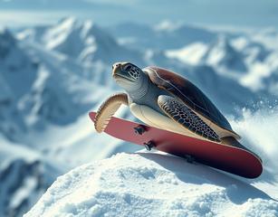 Create A Lifelike And Realistic Photo Of A Sea Turtle Snowboarding On A Mountain