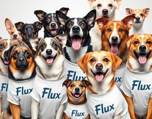 Create A Realistic Photo Of Lots Of Different Breeds Of Dogs Wearing T-Shirts That Say "Flux"