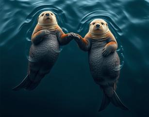 Create A Realistic Photo Of Sea Otters Swimming On Their Backs And Holding Hands In The Oceans Of Alaska