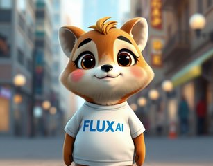 Cute Realistic Image Of A Cute Pixar Like Animal With A White Teeshirt With The Blue Word "Flux Ai" In Sans Serif Font In A City Setting