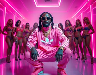 A Man Crouching In The Center Of A Room With Pink Neon Lighting And Multiple Women Around Him. He Is Wearing A Bright Pink Adidas Tracksuit, Several Gold Necklaces, Sunglasses, And Has His Hair Styled In Cornrows. The Women In The Background Are Dressed In Swimsuits And High Heels. The Room Has A Sleek, Modern Design With Geometric Neon Lighting On The Ceiling.