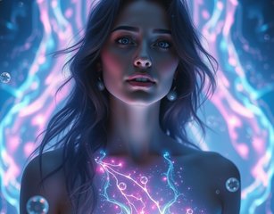 A Glowing Woman In A Cosmic Environment With Blue And Pink Luminescent Hues, Surrounded By Floating Bubbles And Vibrant Energy Streams.