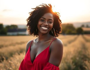 Beautiful Smiling Black Woman In A Red Dress In A French Countryside On A Sun Kissed Summer Evening