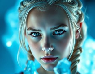 The Image Portrays A Close-Up Of A Young Woman With A Striking Appearance, Set Against An Icy Blue Background. She Has Blonde Hair Styled In Braids And Is Looking Directly At The Camera With An Intense Gaze. Her Makeup Is Dramatic, With Bold Eyeshadow And Defined Eyebrows, Giving Her A Fantastical And Almost Ethereal Look. The Lighting Emphasizes Cool Blue Tones, Which Complements Her Icy Appearance, Making The Scene Feel Magical And Otherworldly. The Overall Atmosphere Is Enchanting